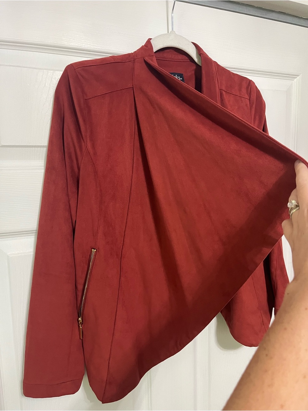 Chadwicks Women's Rust Draped Open Front Faux Suede Moto Jacket Petite Medium - Picture 5 of 6